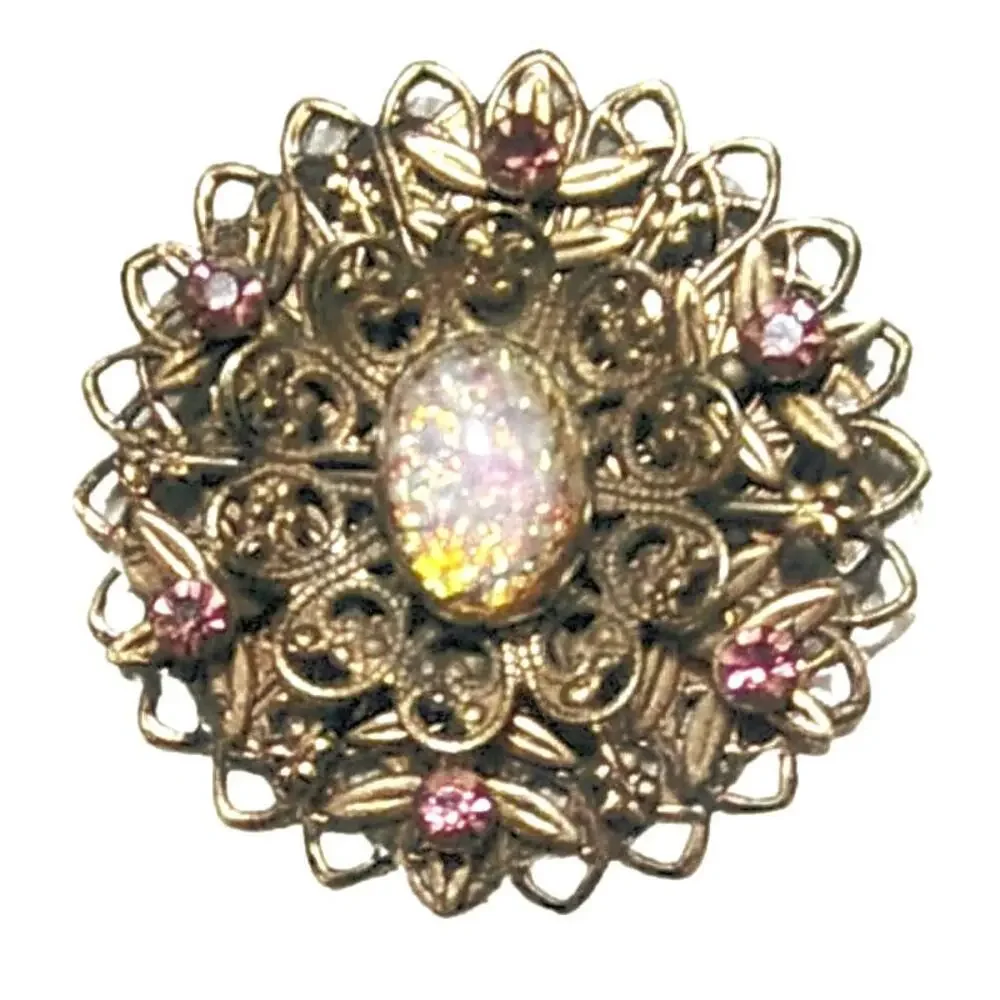 1950s Aurora Borealis Pink Opalescent Confetti Gold Tone MCM Vintage Brooch